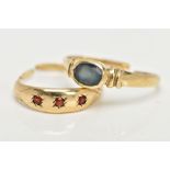 TWO 9CT GOLD RINGS, the first a three stone garnet ring each star set, scroll detailed shoulders