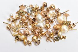 A BAG OF ASSORTED YELLOW METAL EARRINGS, various stud earrings, some fitted with imitation pearls,