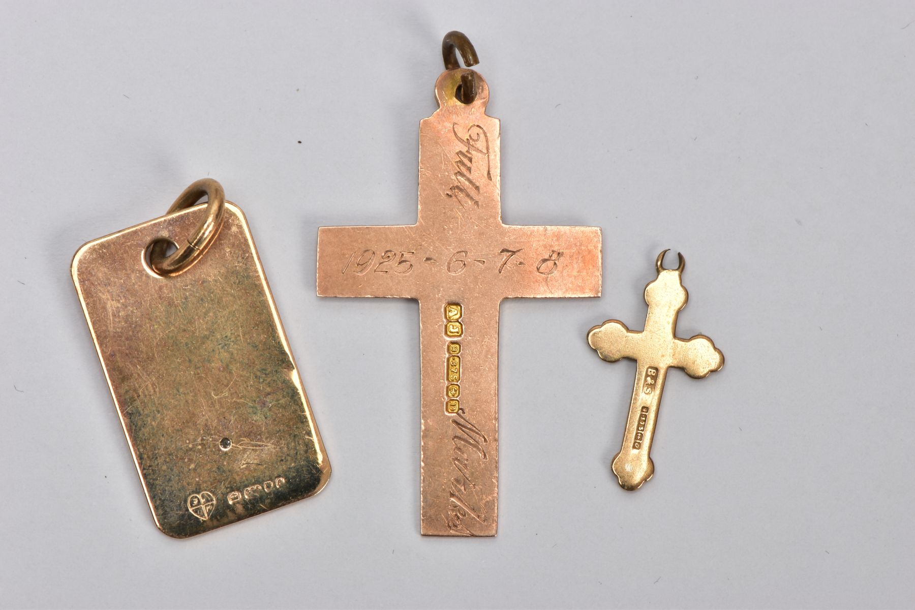 THREE 9CT GOLD PENDANTS, the first a rose gold cross pendant with personal engravings all round, - Image 3 of 3