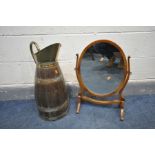 AN ANTIQUE BRASS AND COOPERED PITCHER, height 61cm (condition:-some repairs and brass patina) an