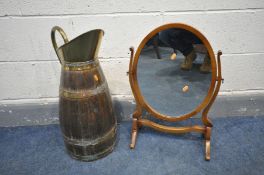 AN ANTIQUE BRASS AND COOPERED PITCHER, height 61cm (condition:-some repairs and brass patina) an