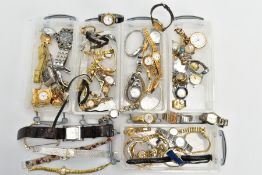 FIVE BOXES OF ASSORTED LADIES AND GENTS WRISTWATCHES, a variety of styles, some gold-plated, names