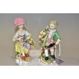 A PAIR OF LATE 18TH / EARLY 19TH CENTURY DERBY PORCELAIN FIGURES OF SEATED BOY AND GIRL GARDENERS,