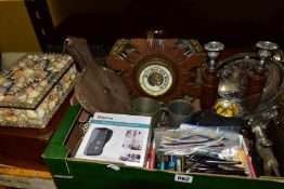 TWO BOXES AND LOOSE TREEN AND METALWARES, to include a writing slope in need of restoration,