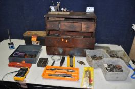 A ENGINEERS CHEST AND A BOX OF ENGINEERING TOOLS to include marking tools, two Moore and wright