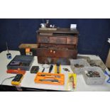 A ENGINEERS CHEST AND A BOX OF ENGINEERING TOOLS to include marking tools, two Moore and wright