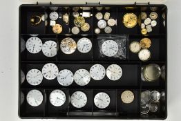 A BOX OF WATCH PARTS, an assortment of movements, faces and glass, names to include A.W.W.Co Waltham
