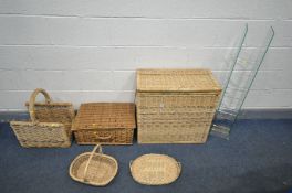 FIVE VARIOUS WICKER ITEMS, to include a twin division linen basket, a log basket, a picnic basket