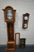 A LATE 20TH CENTURY YEWWOOD CHIMING LONGCASE CLOCK, two weights and pendulum, height 195cm (