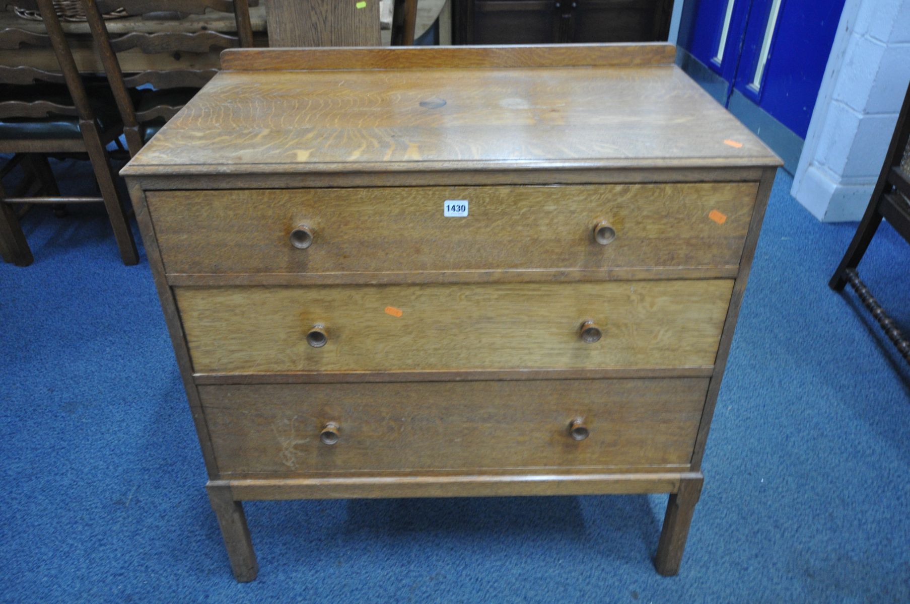 A SOLID OAK CHEST OF THREE DRAWERS, on square chamfered legs, width 86cm and a matching single