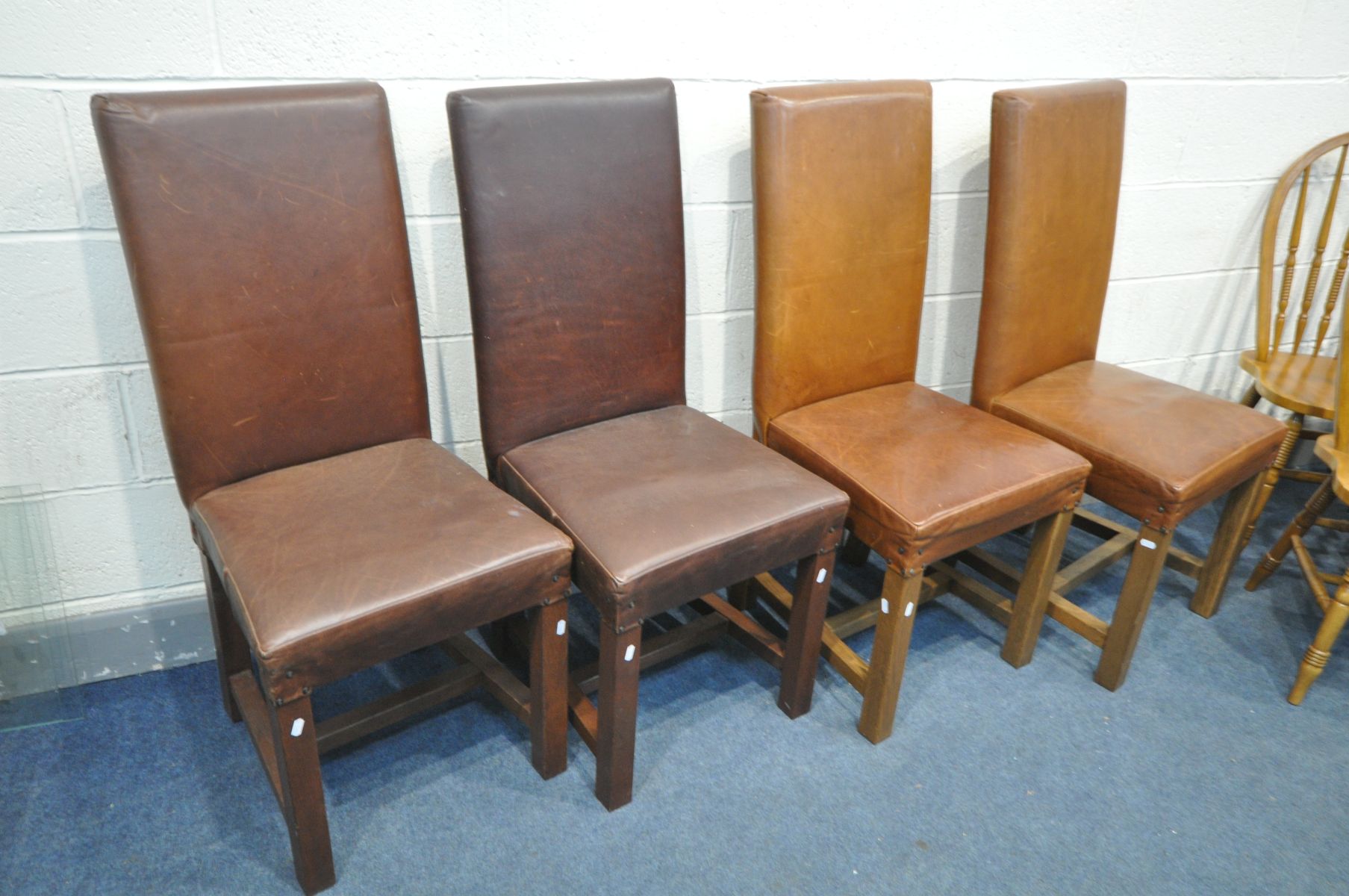 A MATCHED SET OF FOUR BROWN LEATHER DINING CHAIRS, and four beech hoop back chairs (8) - Image 2 of 3