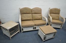 A WICKER CONSERVATORY SUITE, made by MGM, with brown upholstered cushions, comprising a sofa,