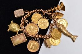 A HEAVY 9CT GOLD CHARM BRACELET WITH CHARMS AND SOVEREIGNS, curb link chain each link stamped 9.375,