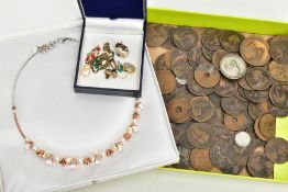 A BAG OF COINS AND JEWELLERY, to include a quantity of loose one penny coins with other foreign
