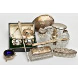 A BOX OF ASSORTED SILVER AND GLASS ITEMS, to include a cased set of two silver napkin rings, each