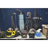 A COLLECTION OF GOLFING EQUIPMENT to include a Browning golf bag with two clubs, a Powa Caddy