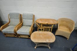 A QUANTITY OF WICKER FURNITURE, to include a pair of conservatory chairs, a kitchen table with a two