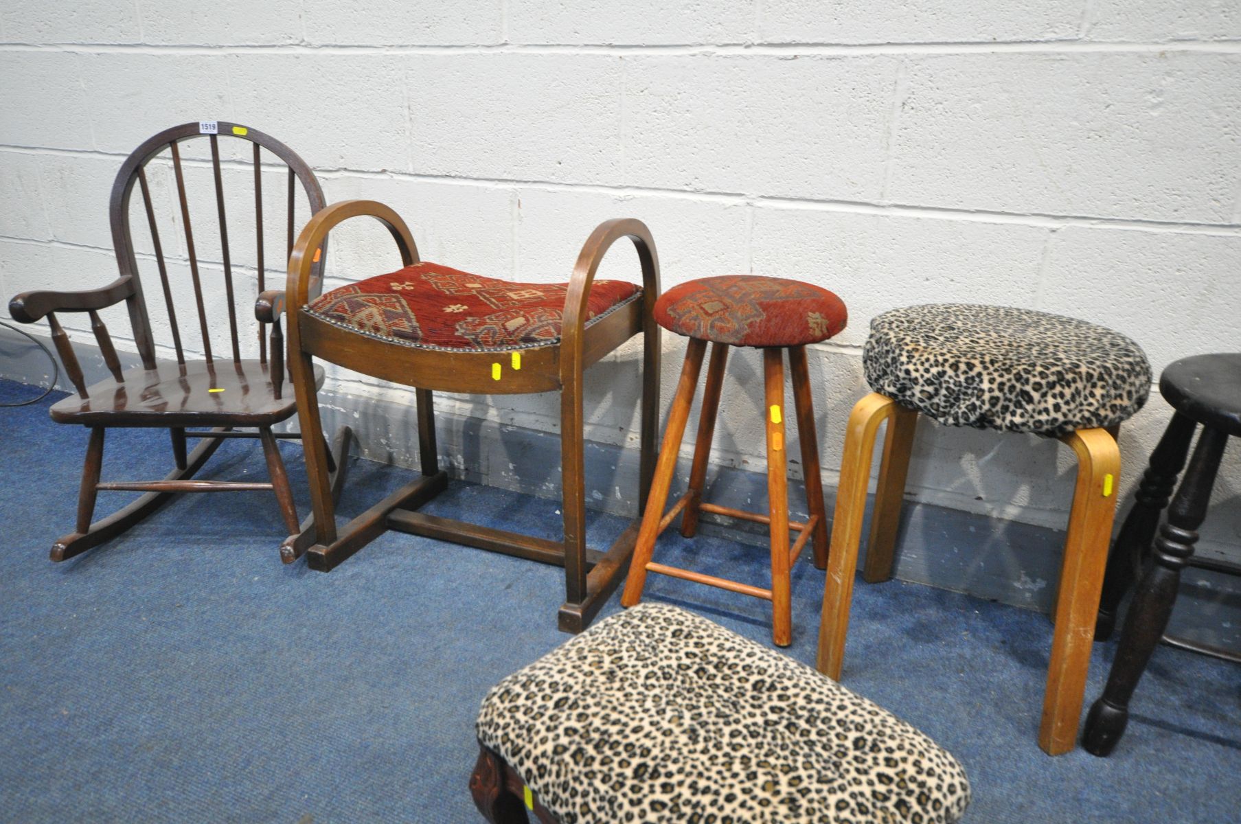 A SELECTION OF VARIOUS STOOLS, to include a beech art deco dressing stool, four circular stools, two - Image 3 of 3