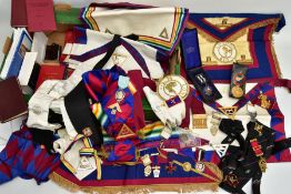 A BOX OF MASONIC REGALIA, to include various sashes and aprons some bearing medallions, various