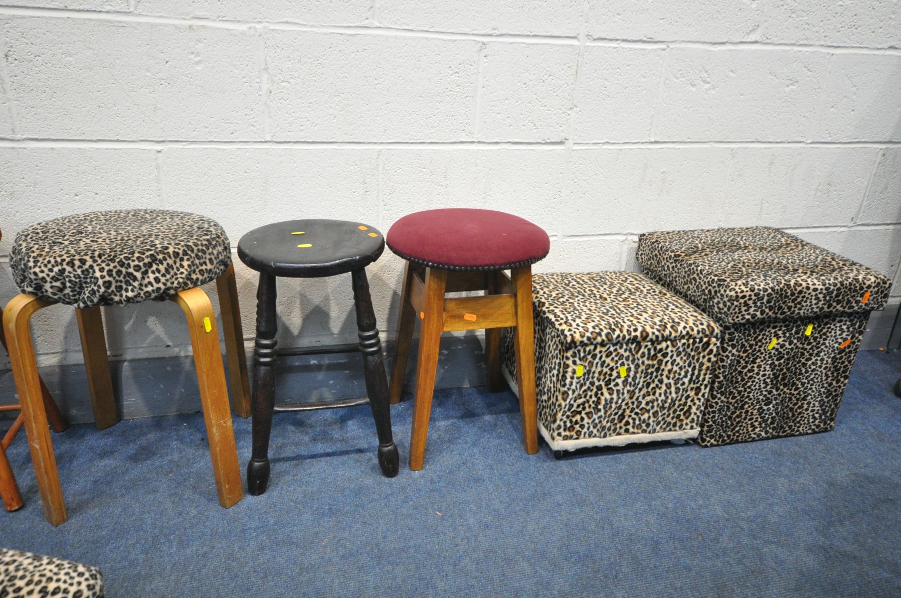 A SELECTION OF VARIOUS STOOLS, to include a beech art deco dressing stool, four circular stools, two - Image 2 of 3