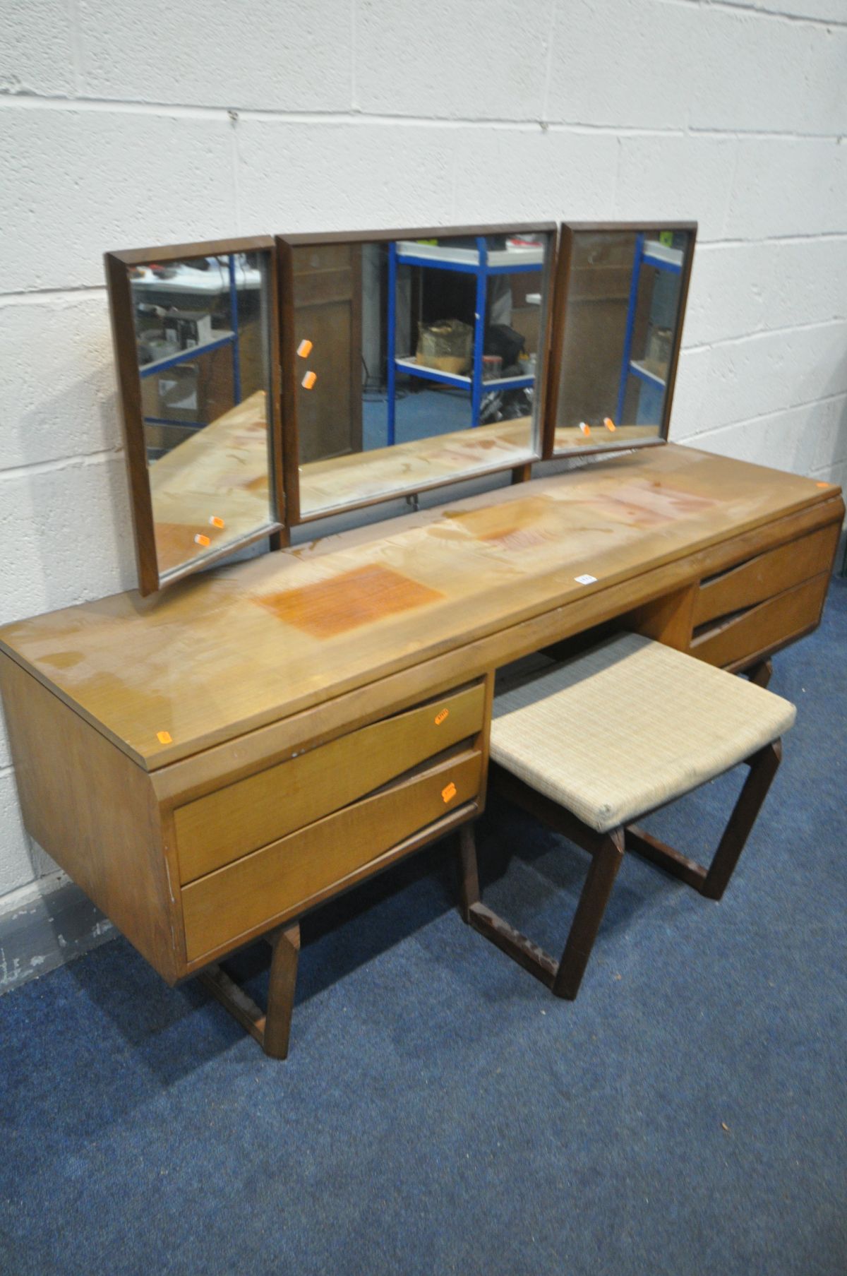 A MID CENTURY WHITE AND NEWTON DRESSING TABLE, with a triple dressing mirror, four drawer, on twin - Image 2 of 4