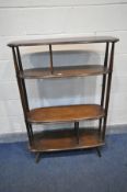 AN ERCOL WINDSOR ELM GIRAFFE BOOKCASE/ROOM DIVIDER, made up of three shelves, with spindled dividers