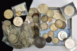 A BOX OF MIXED COINS AND COMMEMORATIVES, to include Shillings, Pennys, Six pence's, some Nederland