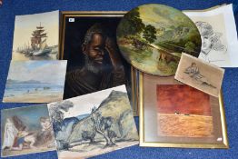 PAINTINGS AND PRINTS ETC, to include a 19th century river landscape with cattle drinking, oil on