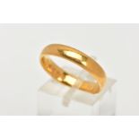 A 22CT GOLD BAND RING, plain polished band, approximate width 4.2mm, hallmarked 22ct Birmingham,