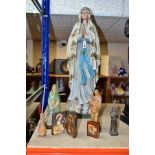 A GROUP OF CHRISTIAN RELIGIOUS STATUES AND ICONS, to include a carved wooden statue of Our Lady of