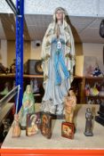 A GROUP OF CHRISTIAN RELIGIOUS STATUES AND ICONS, to include a carved wooden statue of Our Lady of