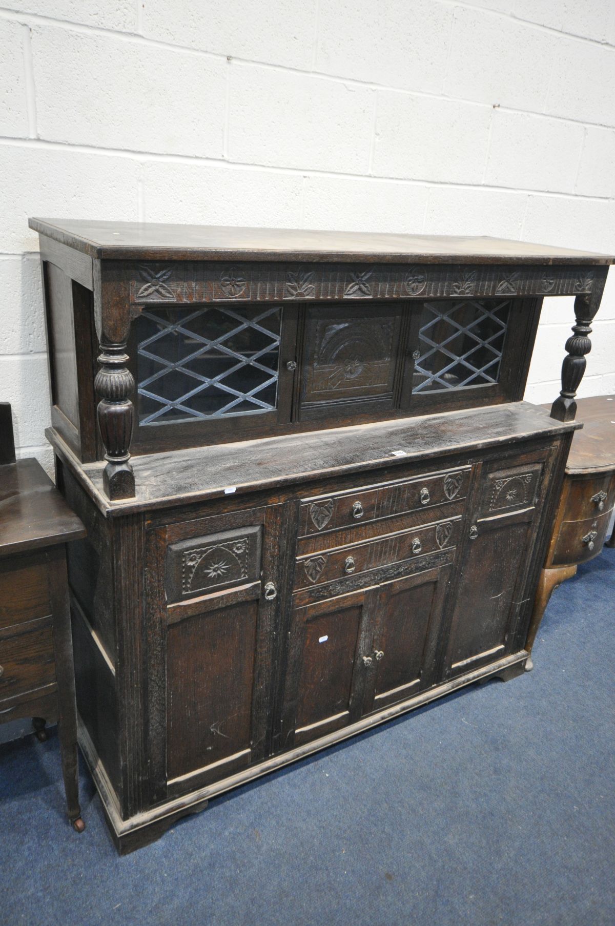 AN OAK COURT CUPBOARD, with an arrangement of cupboard doors and drawers, width 141cm x depth 47cm x - Image 2 of 4