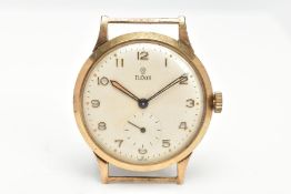 A GENTS 9CT GOLD 'TUDOR' WATCH HEAD, hand wound movement (working), round cream dial signed 'Tudor',