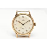 A GENTS 9CT GOLD 'TUDOR' WATCH HEAD, hand wound movement (working), round cream dial signed 'Tudor',