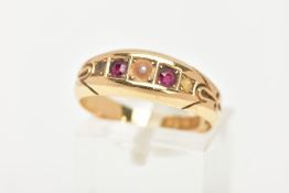 A LATE 19TH CENTURY 18CT GOLD, RUBY AND PEARL RING, designed with two circular cut rubies and a