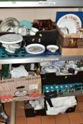 FIVE BOXES AND LOOSE CERAMICS, GLASS, LINENS AND PICTURES, to include a thirty one piece Foley