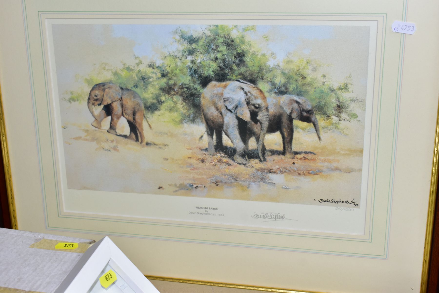 A GROUP OF DAVID SHEPHERD PRINTS AND PLATES, comprising a framed 'Kilaguni Babies' baby elephants, - Image 2 of 3