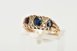 A LATE 20TH CENTURY SAPPHIRE AND DIAMOND BOAT RING, centring on an oval cut deep blue sapphire