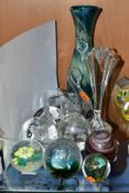 TWELVE ITEMS OF MODERN GLASSWARE, including a Mdina blue and yellow carafe, a Tutbury Crystal