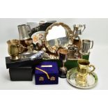 A BOX OF ASSORTED WHITE METAL WARE, to include four pewter tankards, two EPNS tankards, a