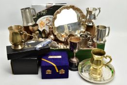 A BOX OF ASSORTED WHITE METAL WARE, to include four pewter tankards, two EPNS tankards, a