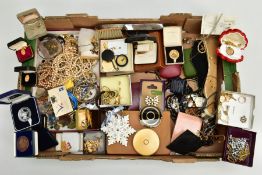 A BOX OF ASSORTED ITEMS, to include various imitation pearl necklaces, costume brooches, rings,