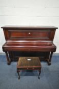 A KENNERTON & SON OF LONDON MAHOGANY OVERSTRUNG UPRIGHT PIANO, width 154cm x depth 64cm x height