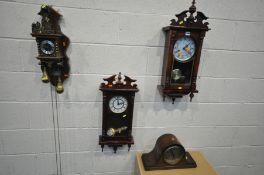 A ZAANSE ZAANDAM DUTCH WALL CLOCK (two weights) two mahogany wall clocks, and an oak mantle clock (