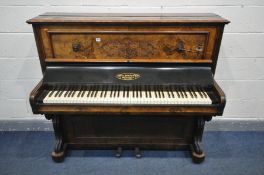 A DALE FORTY AND CO BIRMINGHAM EDWARDIAN BOOKMATCHED BUR WALNUT UPRIGHT PIANO, with pokerwork to