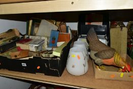 THREE BOXES AND LOOSE TYPEWRITER, LAMPS, METALWARES AND VINTAGE HOUSEHOLD ITEMS, to include an Adler