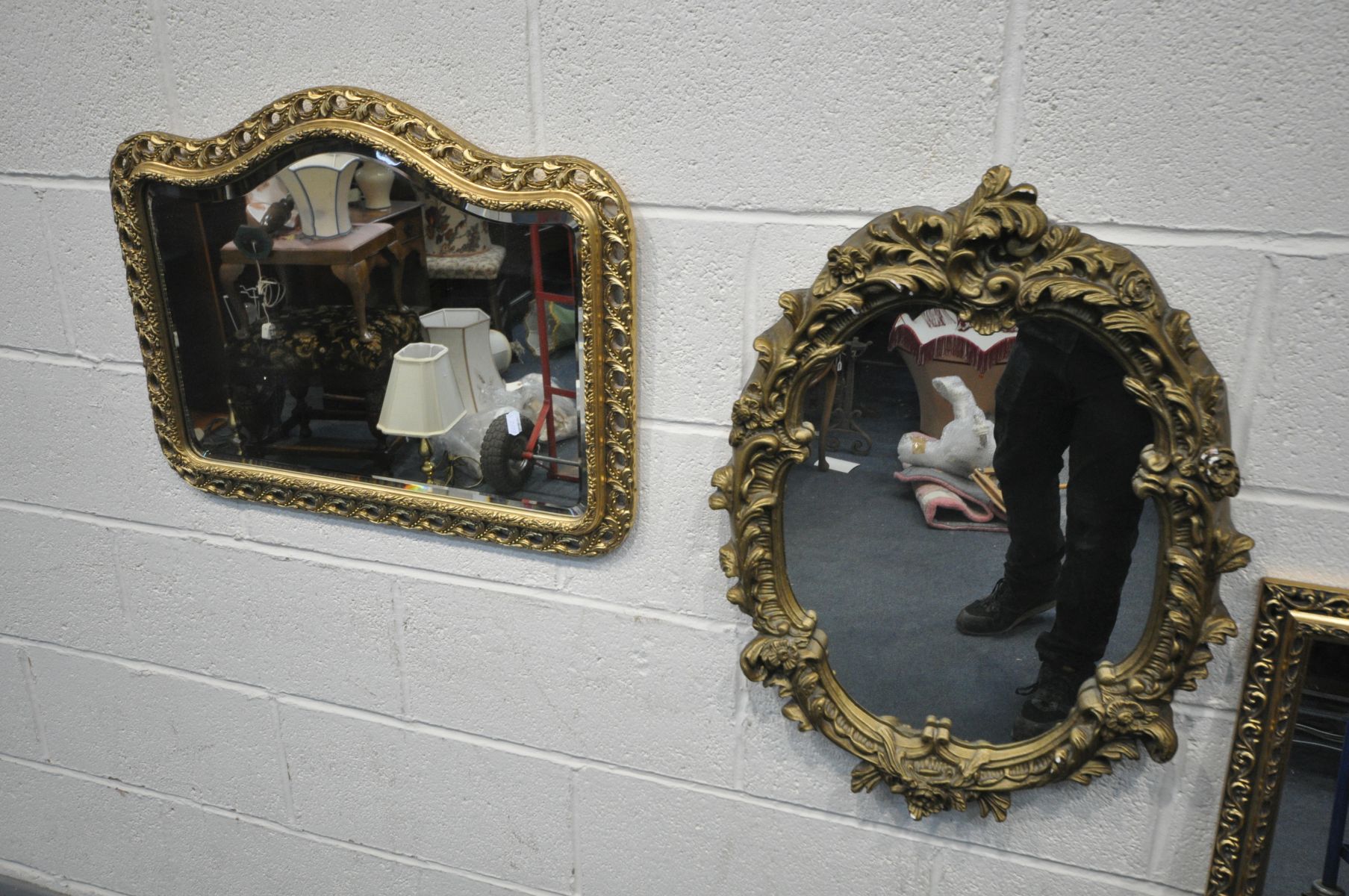 FOUR VARIOUS GILT FRAMED MIRRORS, to include an oval rococo style wall mirror, two other wall - Image 2 of 3