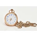 A LADIES YELLOW METAL OPEN FACE POCKET WATCH AND A YELLOW METAL CHAIN WITH SWIVEL CLASP, the