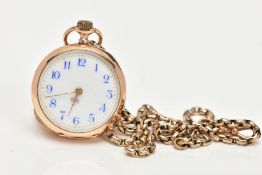 A LADIES YELLOW METAL OPEN FACE POCKET WATCH AND A YELLOW METAL CHAIN WITH SWIVEL CLASP, the