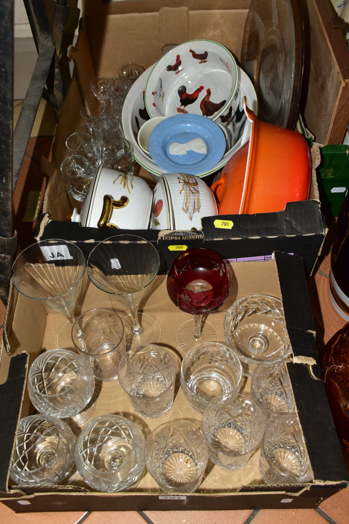 TWO BOXES OF GLASSWARE AND CERAMICS, ETC, including a well-used 22cm Le Creuset orange and white